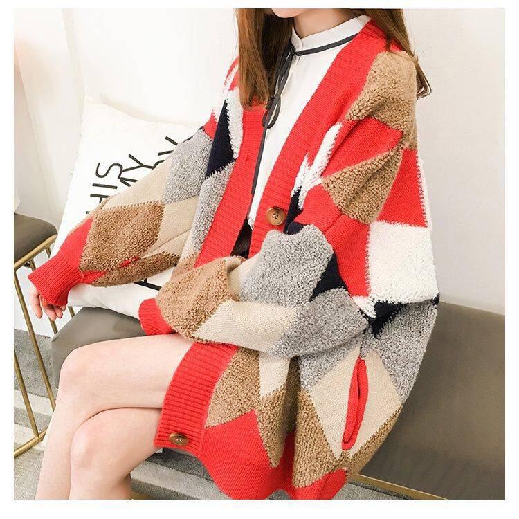Women's Sweaters Autumn Winter Casual Plaid V-Neck Cardigans Button Cardigans Puff Sleeve Loose Sweater Coat