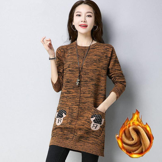 Autumn Winter Plus Velvetthicken Sweater Dress Women Large Size Mid-length Loose Pullover Knitted Sweater with Pockets