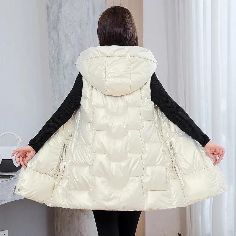 Glossy Disposable Down Cotton Vest Women's Mid-length Autumn and Winter Thick Padded Coat Vest Loose Hooded Waistcoat