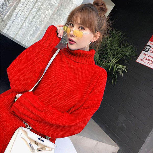 Sweater Women Autumn and Winter Europe and The United States All-match Lazy Wind Loose Outer Wear Turtleneck Sweater Red Top