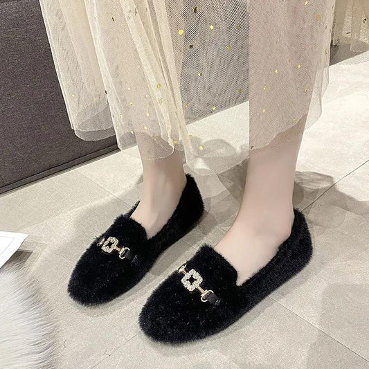 Temperament Women's Shoes Plus Velvet Winter All-match Flat-bottomed Thick-soled Cotton Shoes Thickened One-pedal Fur Shoes Moccasin Shoes