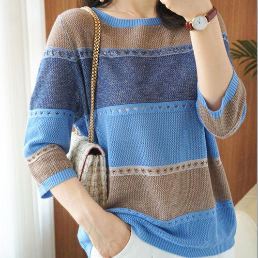 Thin Knit Sweater Half Sleeve Loose Striped Knitted Sweater Hollow Round Neck Pullover Sweater