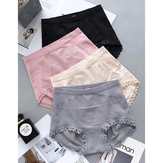 3 Packs of Mid-waist Warm Palace Underwear Women's Pure Nylon Crotch Abdomen Buttocks Waist Body Shaping Tummy Seamless Briefs Sexy Lace Edge Panties