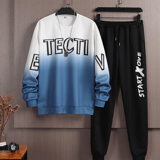 Men's Round Neck Sweater Suit Spring and Autumn New Loose Large Size Gradient Ins Korean Version of The Tide Brand Sportswear A Set of Student Tops