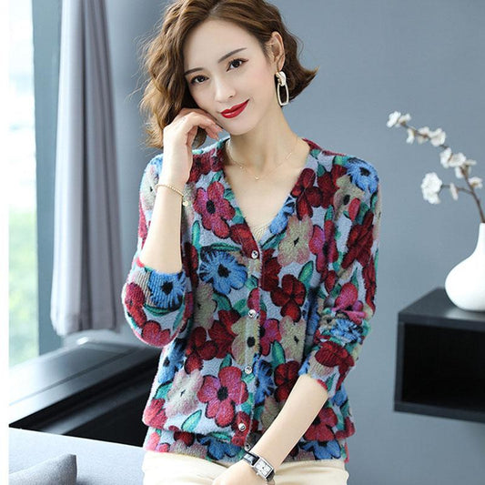 Bohemian Printed Knit Cardigan Women's Artificial Mink Wool Knitted Jacket Oversized Cashmere Cardigan Top