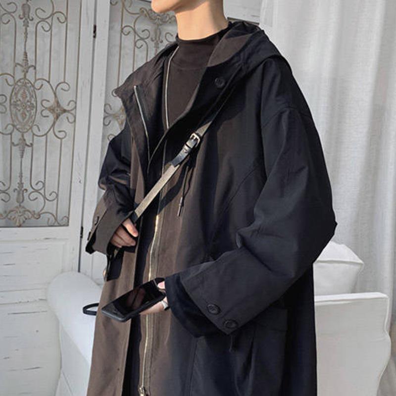 Tooling Jacket Men's Spring and Autumn Hong Kong Style Handsome Windbreaker Jacket Loose Tide Brand Mid-length Hooded Gown