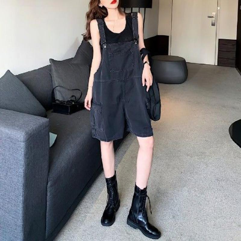 Pure Black Overalls Women's Summer Korean Version of Loose Retro Hong Kong Style Straight Wide-leg Denim Shorts Tide