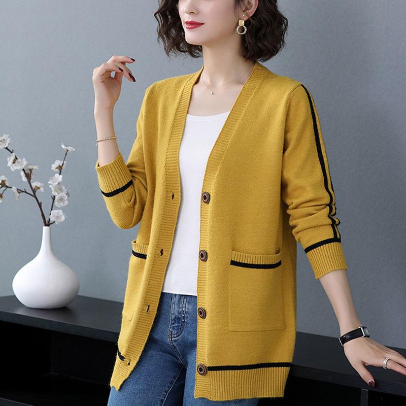 Spring and Autumn All-match Jacket Striped Pattern Mid-length Sweater Fashion Simple Style Female Top