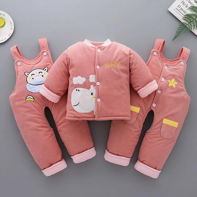 Baby Winter Coat Suit Plus Velvet Thickening Newborn Baby Clothes Corduroy Hooded Autumn and Winter Three-piece Cotton Jacket