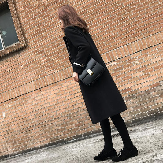 Black Women's Mid-length Woolen Coat Looks Thin In Autumn and Winter Straight Over The Knee Thick Coat