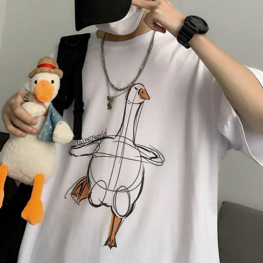 Summer Childlike Wild Cartoon Print Top Half-sleeved Retro Personality Large Size Was Thin Short-sleeved T-shirt for Men and Women