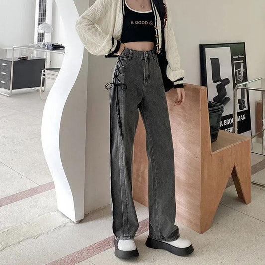 Women's Jeans Loose Wide Legs Straight Smoke Grey Pants High Waist Thin Strap Personality Jeans Punk Style Trousers