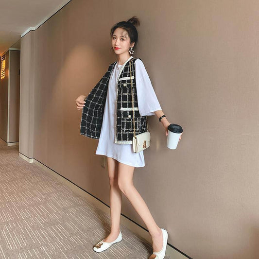 Autumn Tweed Pocket Vest Vest Fashion Small Fragrant Cardigan Western Style Sleeveless Outer Women