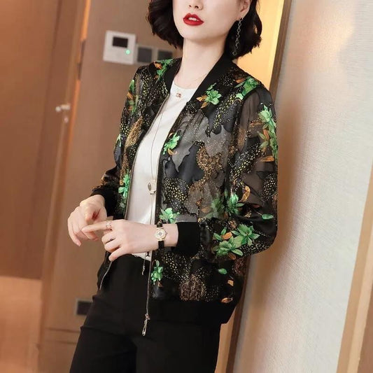 Long Sleeve Jacket Summer Women's Loose Jacket Casual Sunscreen Thin Print Baseball Uniform