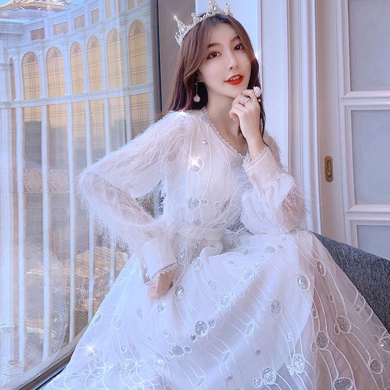 Women's autumn and winter mesh tassel sequins skirt large size inside dress long dress Slim dress