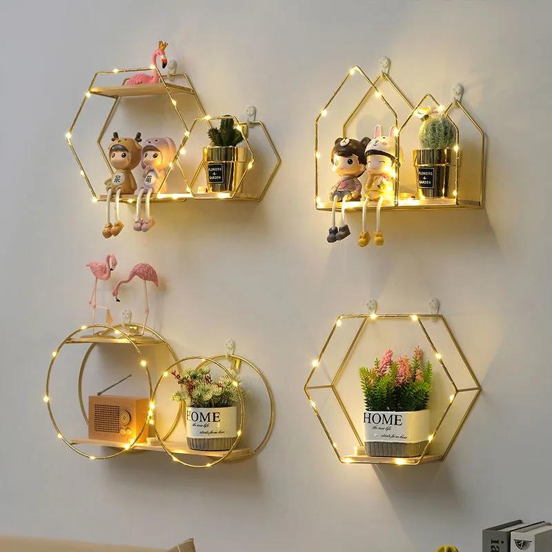 Hexagon Art Storage Shelf Living Room Metal Display Platform Wall Mounted Decorative Rack with Light Strip