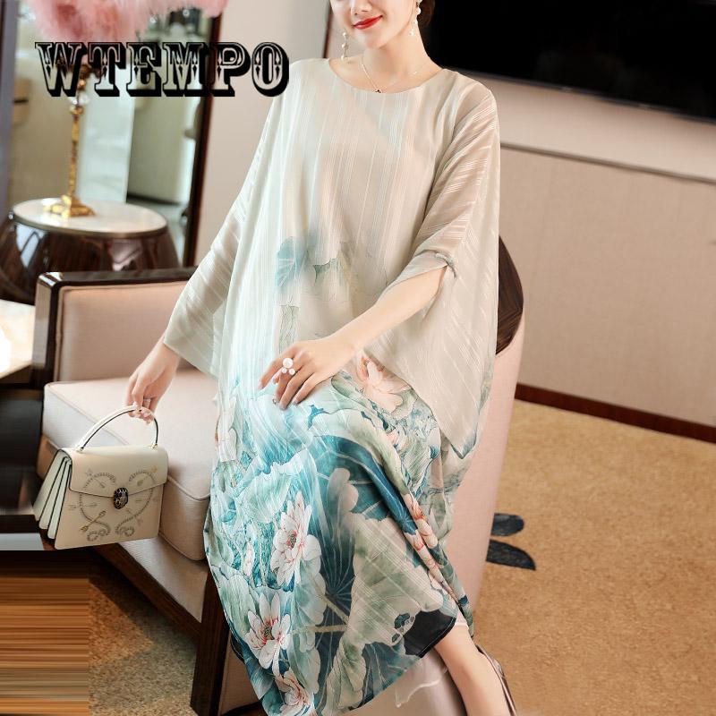 Summer Silk Dress Female Print Three-point Sleeve Loose Casual Elegant Large