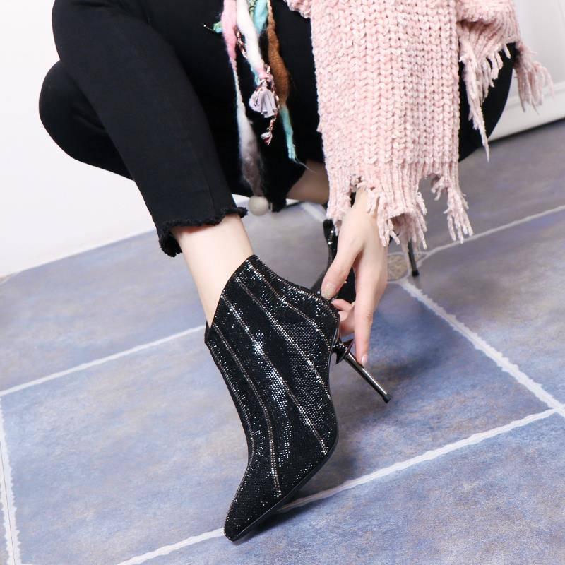 Booties Female Pointed Bare Boots Rhinestone Color Matching High Heel Martin Boots Banquet Shoes