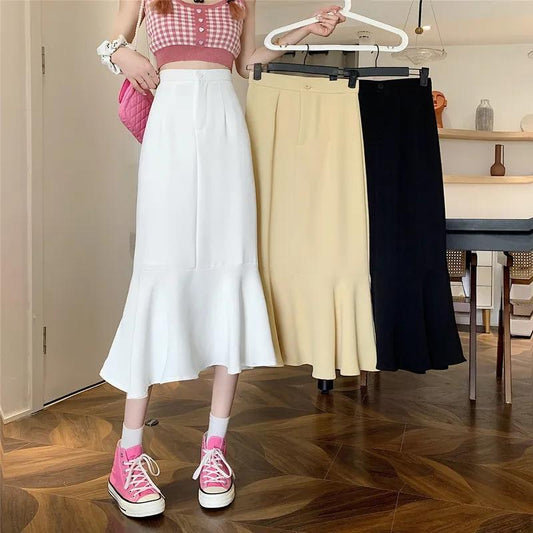 Ruffled Skirt Women's Summer High Waist Slim Mid-length A-line Skirt Solid Color Irregular Edge Fishtail Skirt