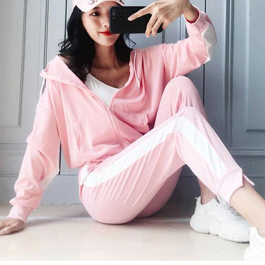 Women Spring Autumn Long Sleeve Slim Hooded Sweater Sportswear Loose Casual Pants Two Piece Set