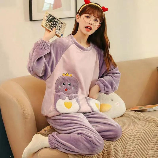 Winter Plus Velvet Coral Fleece Pajamas Set for Women Cartoon Printing Thick Plush Flannel Home Wear Warm Suit Loose Comfortable Sleeping Suit