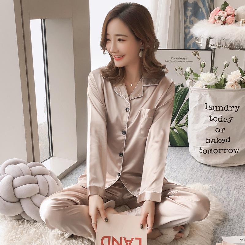 Women's Pajamas Set Spring Autumn Sleepwear Suit Silk Shirt Loose Casual Home Wear Long Sleeve Tops and Pants Suits Solid Plus Size M-5XL Nightwear