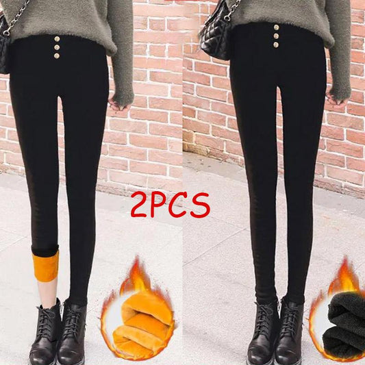 2Pcs Plus Velvet Thick Gold Velvet Women's Cotton Trousers Winter Warmth Leggings High Waist Jeans All-match Thinner Black Pants for Women