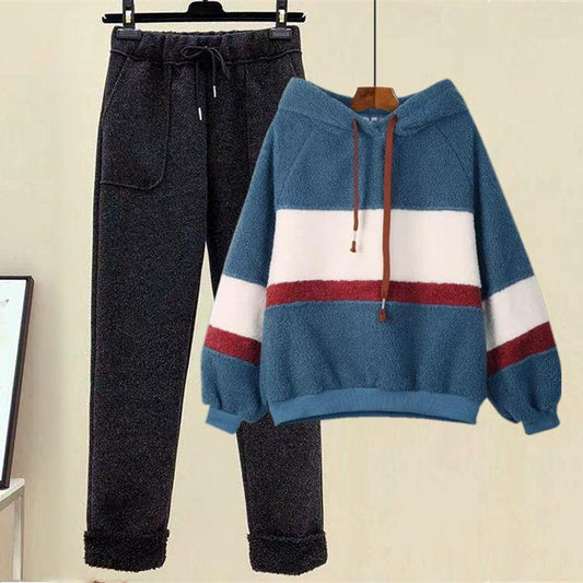 2pcs/set Women's sets Plus Velvet Thick Fleece hoodies +Woolen Pants 2 Pieces Set Autumn Winter Outfits Outwear