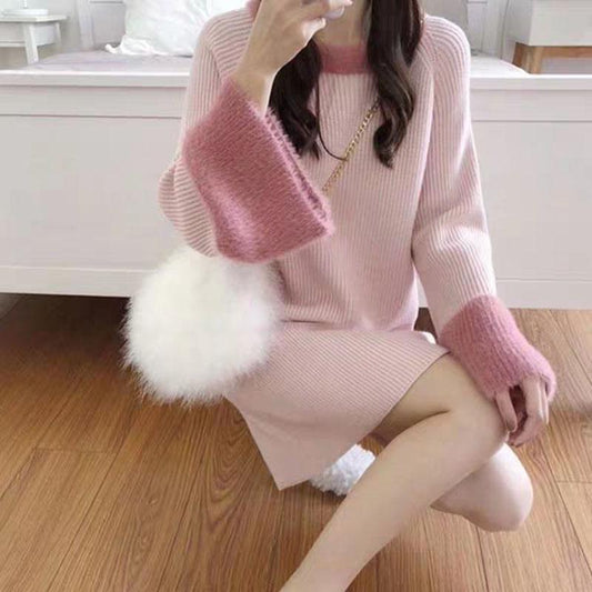 Casual Style Round Neck Sweater Mid-length Loose Knit Jacket Fashion Simple Young Women Base Skirt