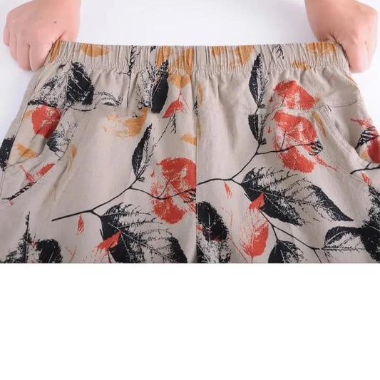 Women Summer Large Size High Waist Wide Leg Casual Shorts Loose Elastic Waist Leaves Printed Thin Knickers