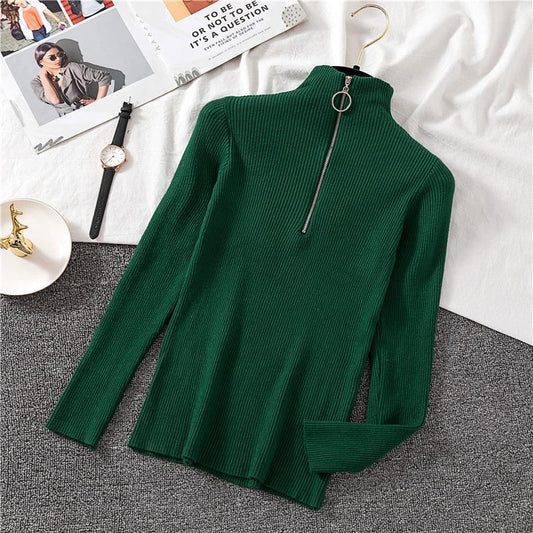 Women Half Turtleneck Knitwear Jumper Bottoming Blouse Zipper Solid Color Pullover Sweater