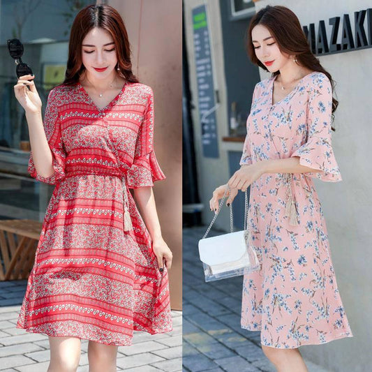 Fashion Summer Cotton Dress Mid-length Elasticated Wasit Printed Dress V-neck Flared Sleeves Dress