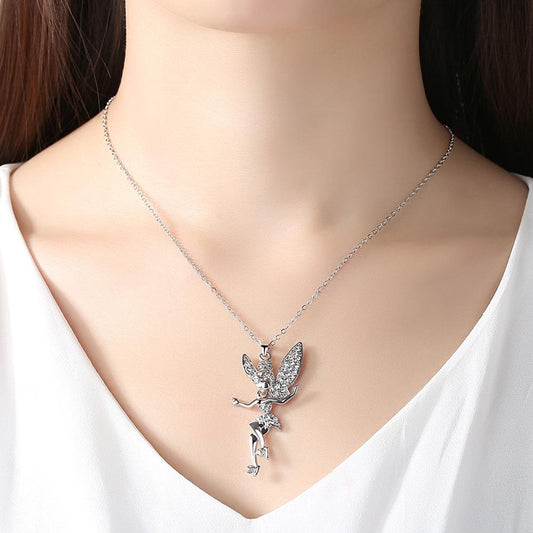 Fantasy Elf Pendant Zircon Necklace Fairy Shaped Silver Fine Necklace for Women Gift Jewelry