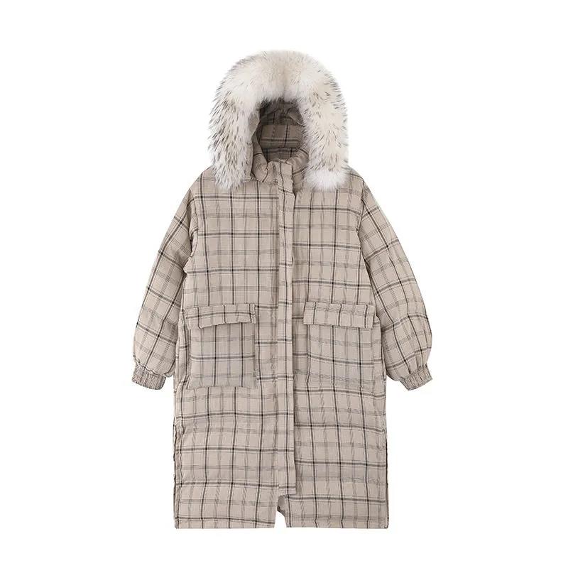 Raccoon Large Fur Collar Plaid Down Jacket Women Mid-length Long Thick and Loose