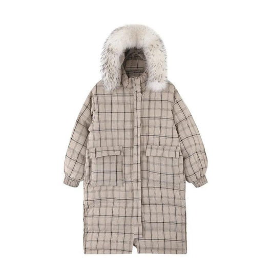 Raccoon Large Fur Collar Plaid Down Jacket Women Mid-length Long Thick and Loose