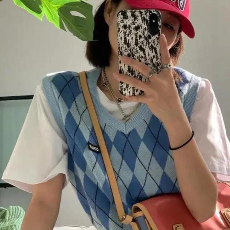 Short British Style Blue Knit Sweater Vest Vest Women Loose All-match Sleeveless Top Women's Thin Sweater College Style Casual Style