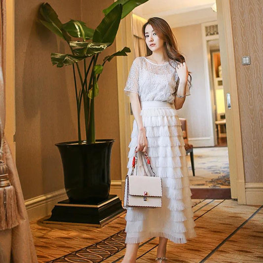 Yarn Skirt Female High Waist Mesh Pleated Long Skirt Loose Layer Cake Skirt Mid-length Fringed A-line Skirt Cake Skirt