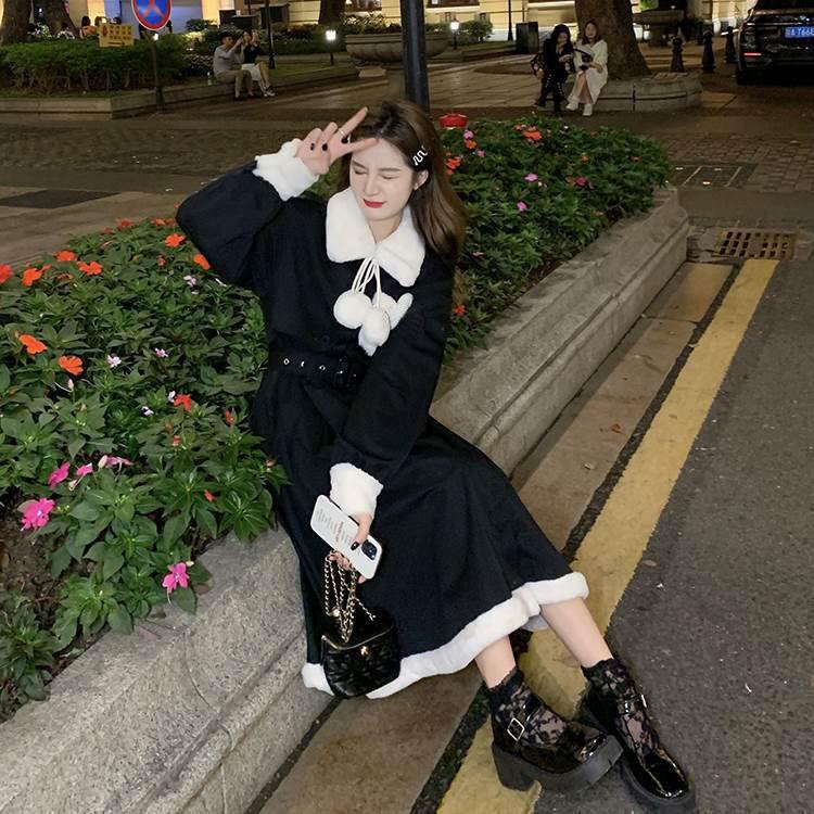 Winter Sweet and Cool Girl Thick Warm Fur Collar Stitching Prague British Girl Plus Cotton Windbreaker Dress