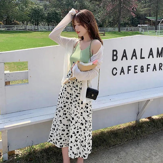 Summer Sweet Floral Skirt Women's Korean Style All-match Flowers Printed Skirt A-line High Waist Slim Retro Long Dress