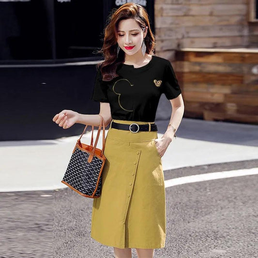 Two-piece Dress Set Women's Summer White Printed Top A-line Skirt Casual Slim Suit Irregular Neckline Mid-length Skirt Set
