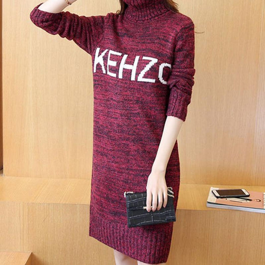Autumn and Winter Korean Letter Sweater Skirt Thick Bottoming Shirt Mid-length Turtleneck Loose Pullover Sweater Women