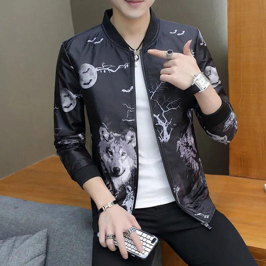 Men's Spring and Autumn Jacket Coat Wolf Printing Casual Jacket Coat Slim Baseball Uniform Sports Top Outerwear