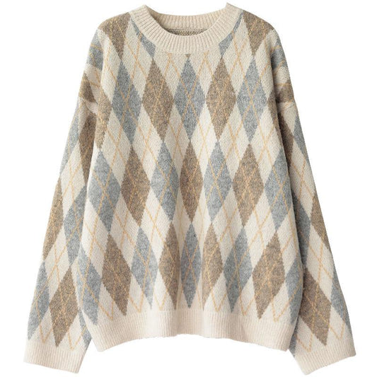 Autumn and Winter Women's Vintage Checked Sweater Loose Pullover Round Neck Knit Sweater Coat