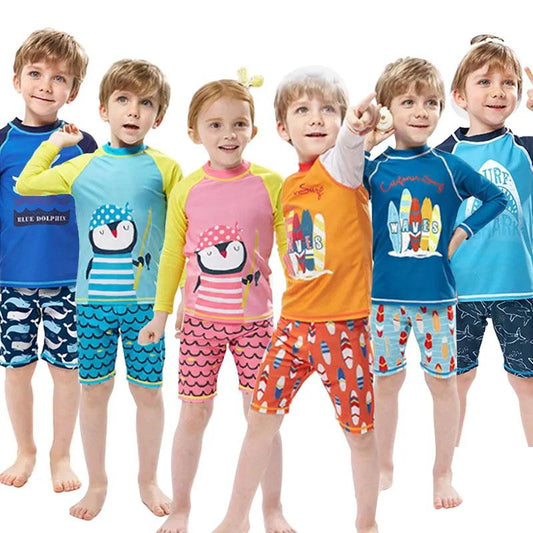 Children's Swimsuit Boy Cartoon Printing Separate Swimwear Boy Middle-aged Long-sleeved Swimming Trunks Quick-drying Bathing Suit
