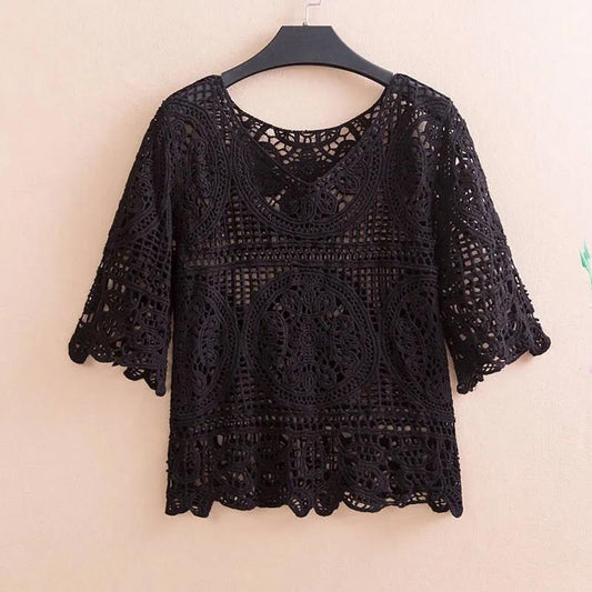 Loose Knit Hollow Crochet Top Hollow Perspective Shawl Blouse Female Pullover Top Mid Sleeve V Neck Knit Sweater