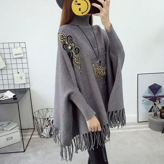 Autumn/winter High-neck Casual Sweater Women Loose Bat Sleeve Jacket Knit Sweater Cloak Shawl Tassel Plus Size Autumn Clothes