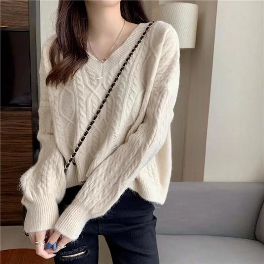 Women's Purple Twist Sweater V-neck Long Sleeve Top Fall and Winter Outer Wear Short Primer Stitch Hole Loose Loose Pullover Lazy Knit Sweater Top