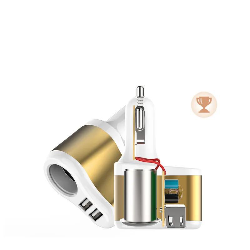 Gold/Silver Car Charger 3-in-1 Fast Charge Adapter Cigarette Lighter Head Power Adapter