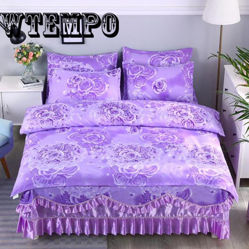 Luxury Cotton Fleece Fabric Thick Bed Skirt Bedding Set Lace Edge Bedspread Pillowcases