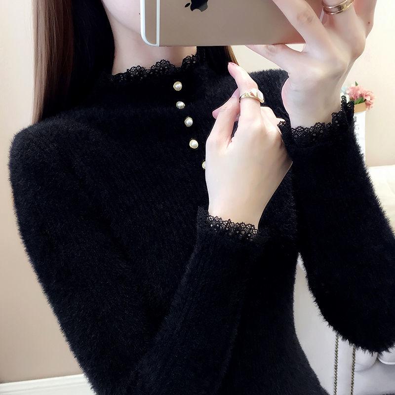 Half High Collar Imitation Mink Velvet Women's Sweater Bottoming Shirt Winter Lace Sweater Top